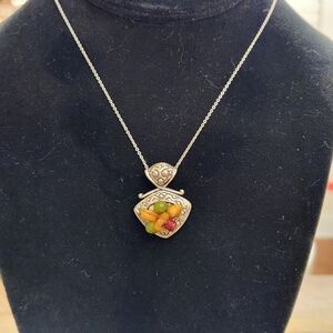 Elegant Silvertone Pendant Necklace with Multicolor Beads